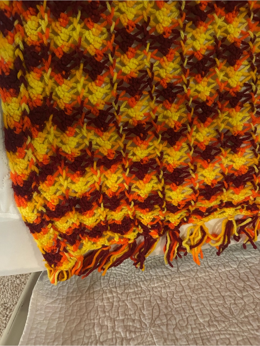 Handmade Crochet Throw Blanket in Yellow, Orange & Burgundy